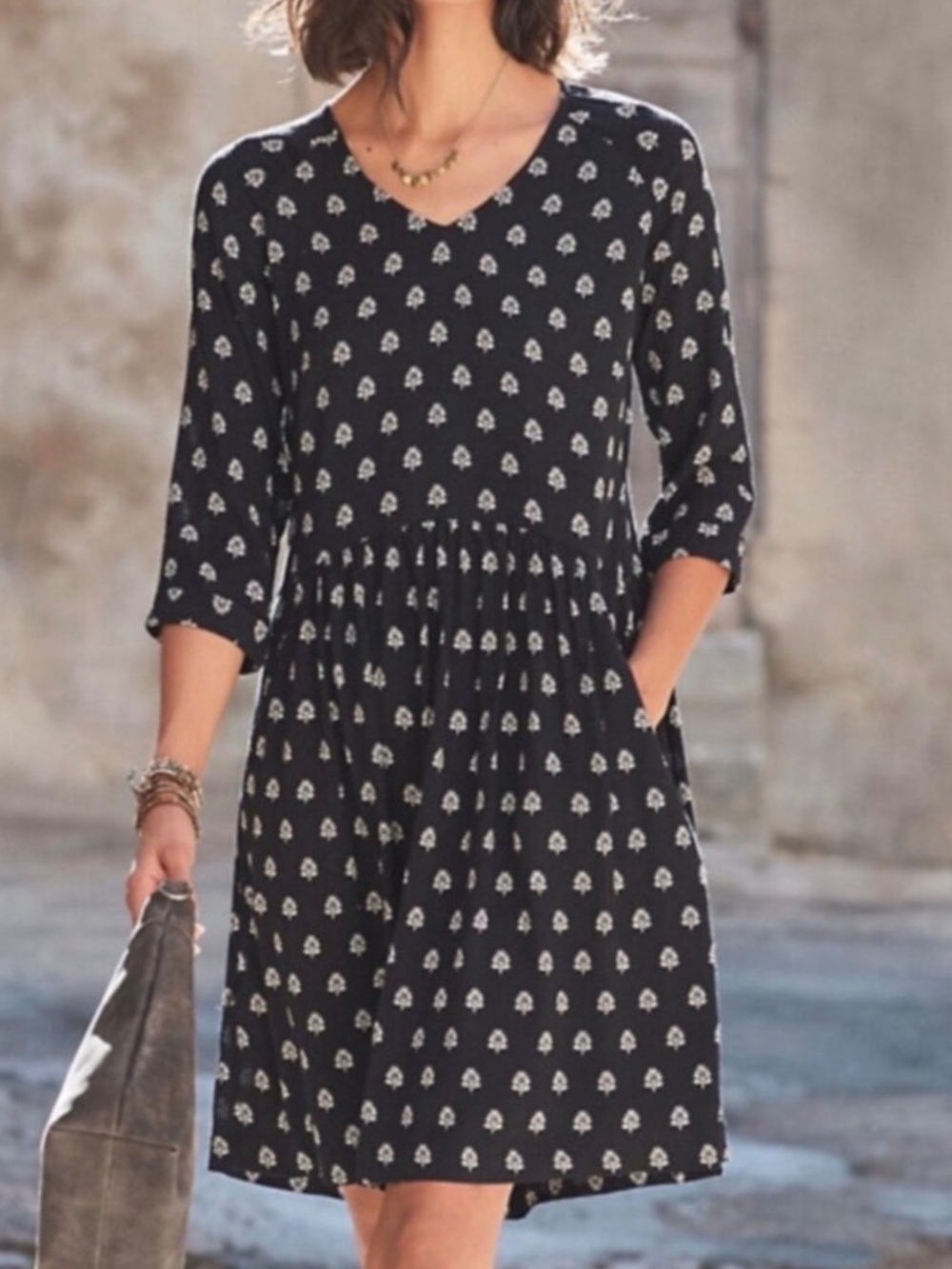 Garnet Hill Bohemian Pocket Black White Ash Woodblock Print Dress Size 10